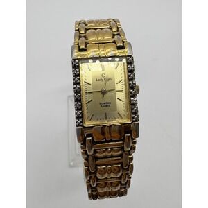 Lady Elgin Diamond Quartz Watch Gold Tone Rectangle Dial‎ EV270-017 Vintage Mens